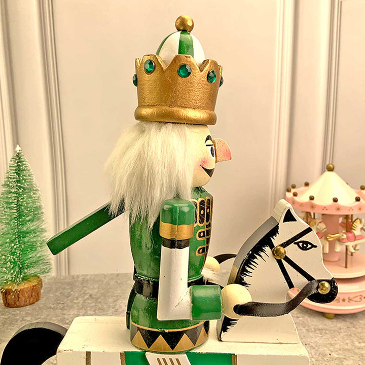 Green Rocking Horse King Nutcracker Self-Standing Wooden Decor For Christmas Table Decoration