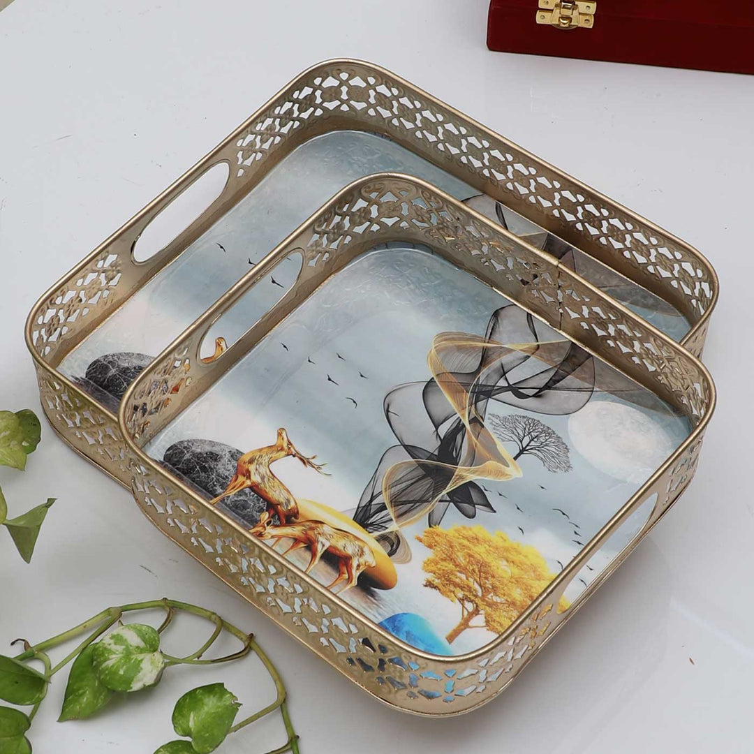 Handmade Square Gold Deer Tray | Set Of 2