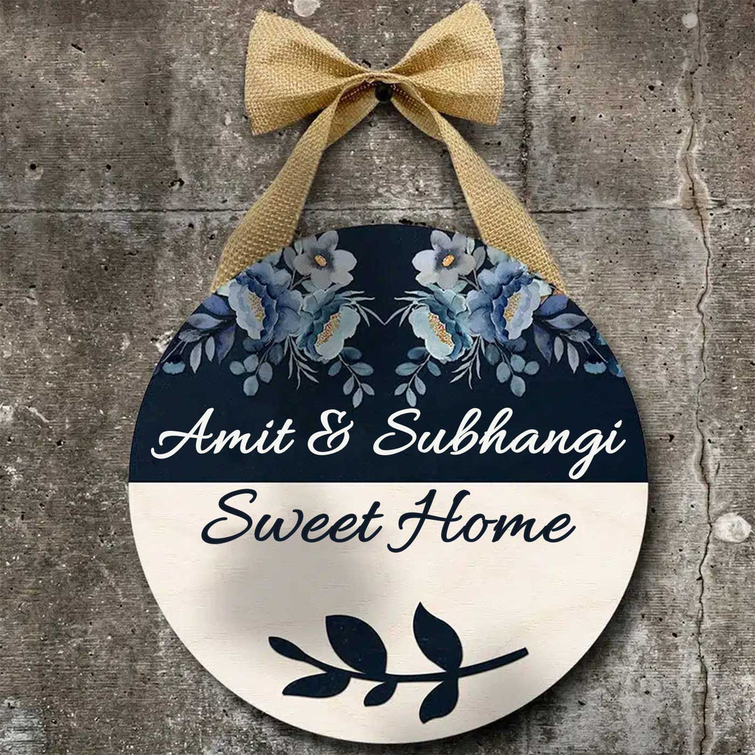 Printed Floral Wooden Round Nameplate For Couples With Bow