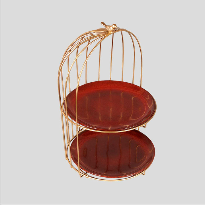 Handmade Two Layer Cage Shaped Platter With Maroon Plates | Set Of 3