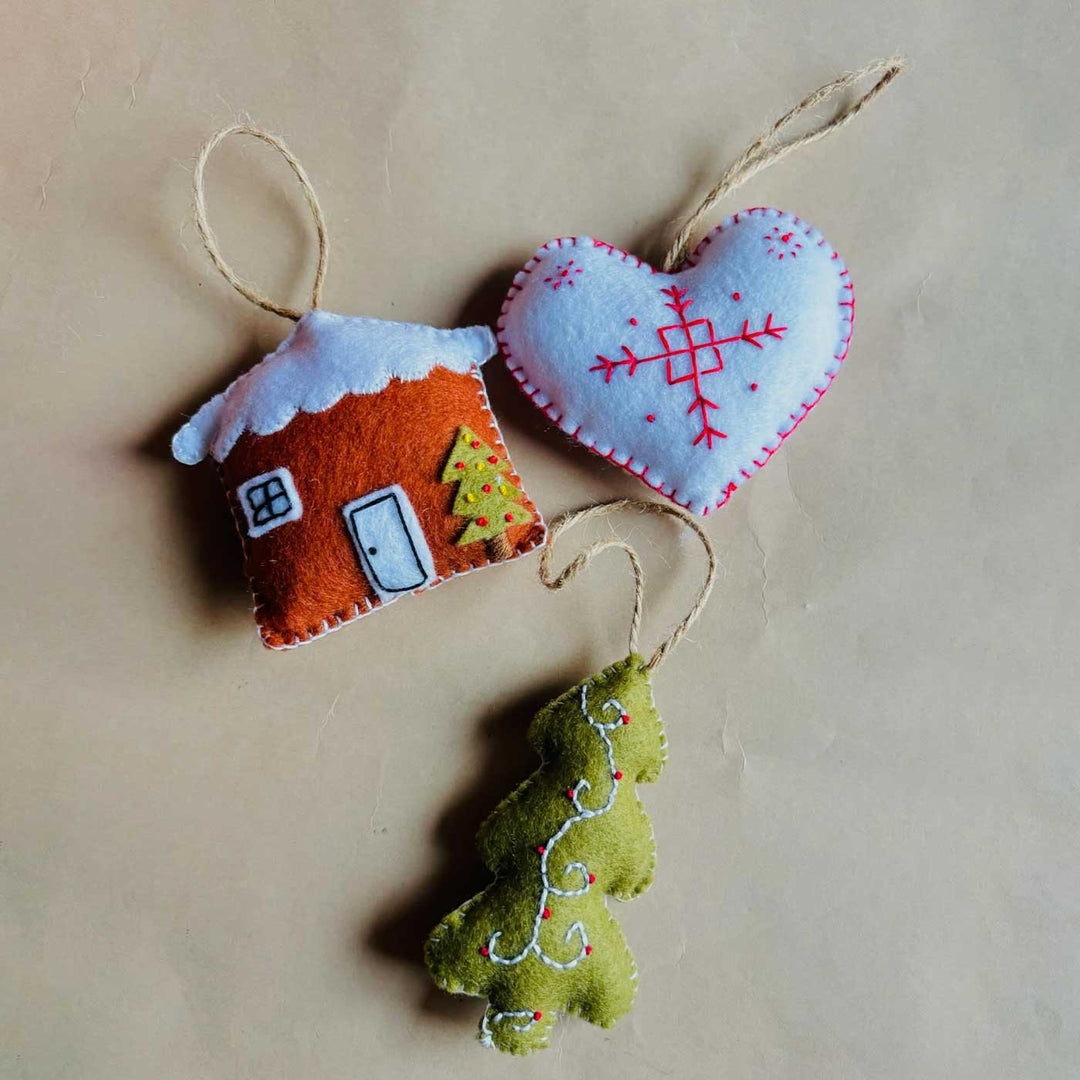 Handmade Embroidered Felt Ornaments For Christmas Tree Decoration | Set Of 3