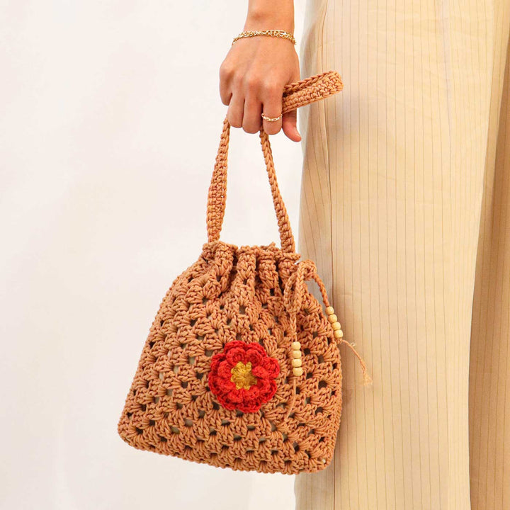 Handmade Crochet Brown Floral Potli