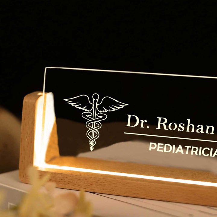 Personalized Doctor Sleek Glass Desk Nameplate With LED Light