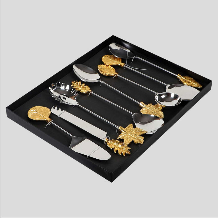 Handmade Gold Leaf Design Steel Serving Set | Set Of 8