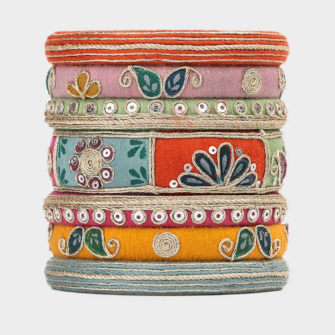 Pastel Handcrafted Kangana Silver Work Cotton Thread Bangles | Set of 7