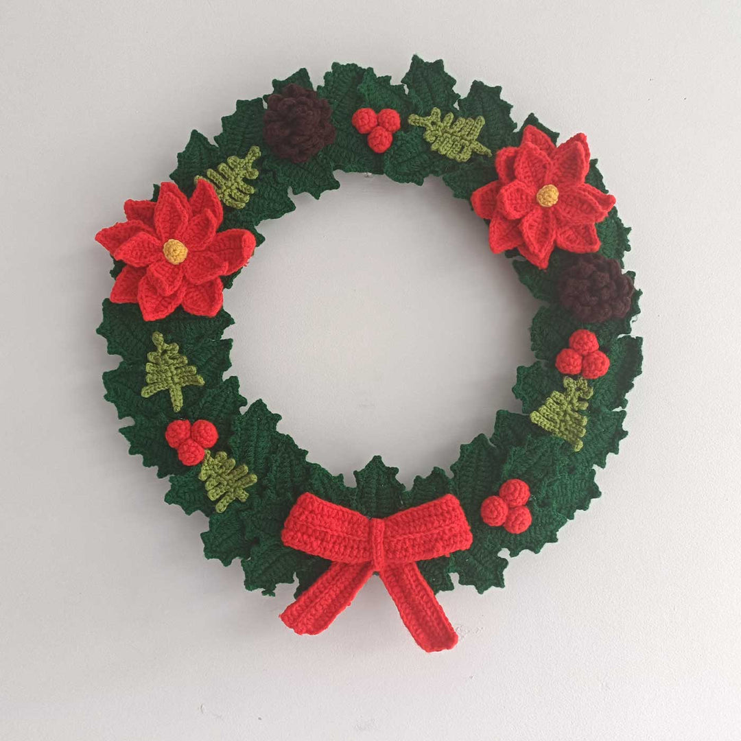 Handmade Green & Red Crochet Wreath For Christmas Door Decoration