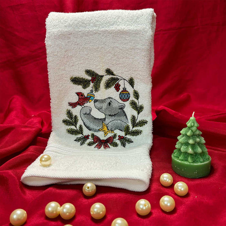 Personalized Bear & Cardinal Embroidered Cotton Hand Towel | Xmas Gifting Ideas