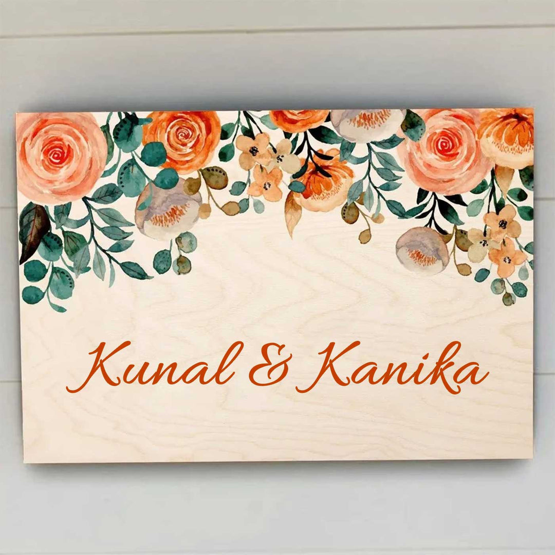 Printed Orange Floral Wooden Rectangle Nameplate