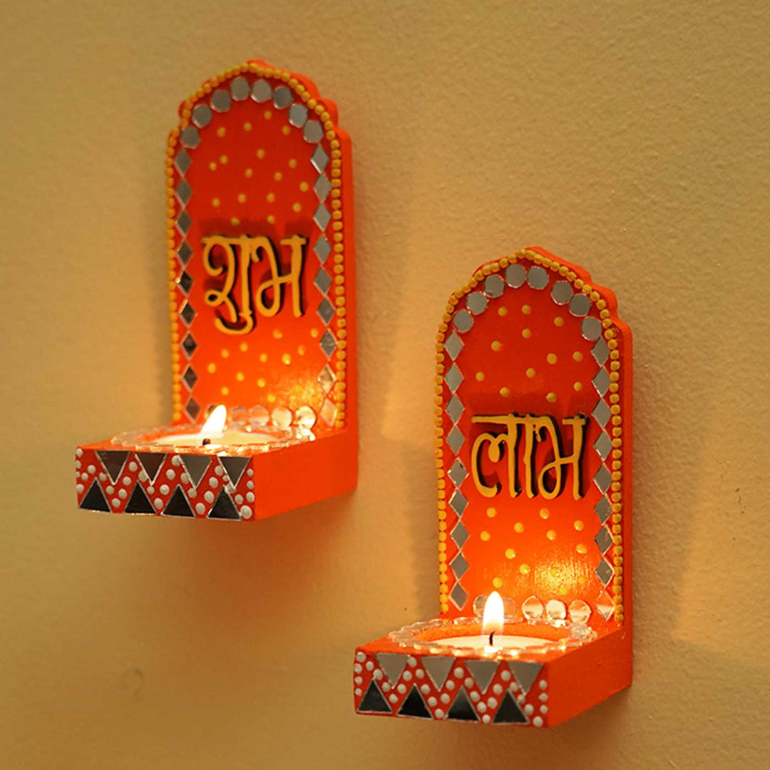 Handmade Orange Shubh Labh MDF Tealight Holder | Set Of 2