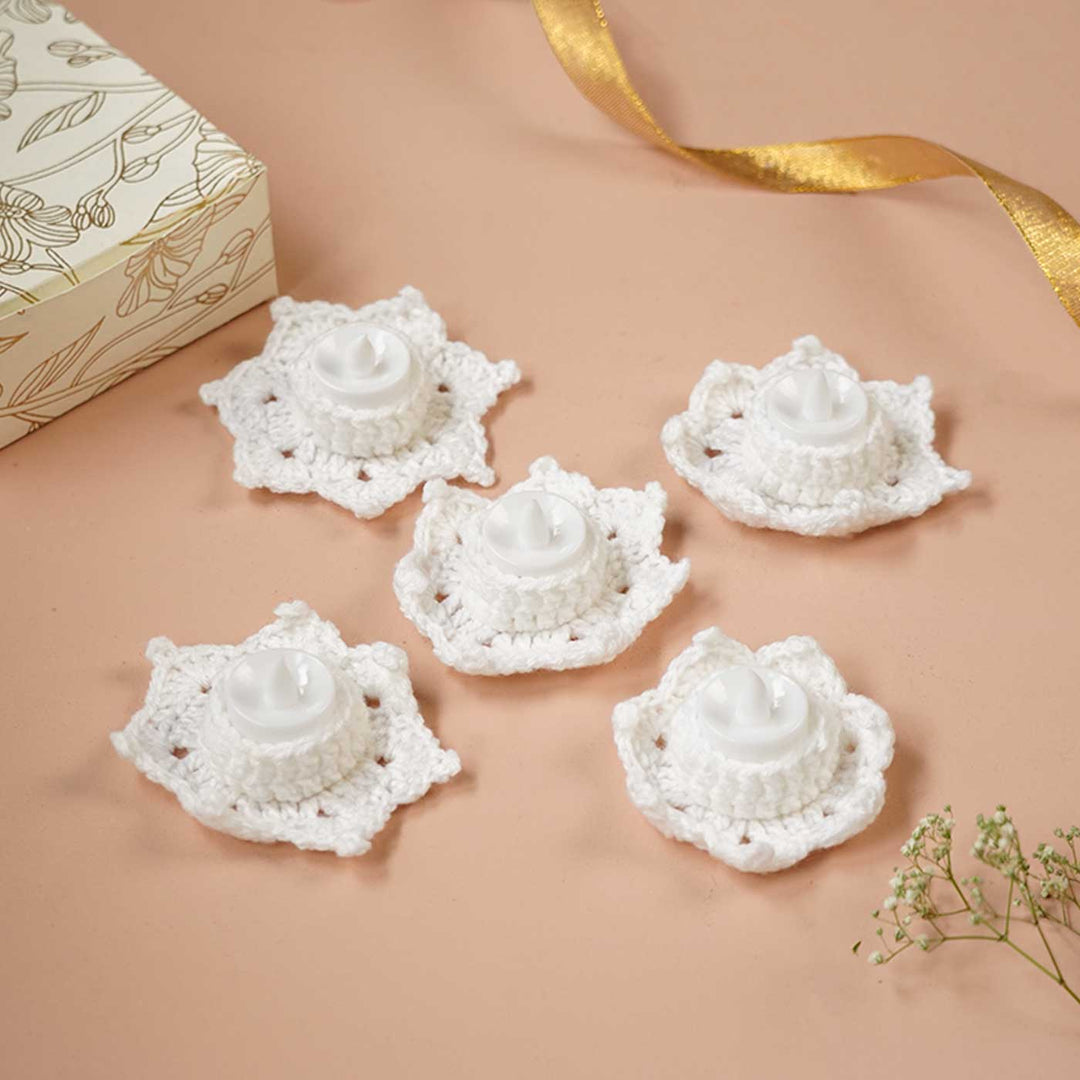 Handmade Crochet White Tealight Holder | Set Of 5