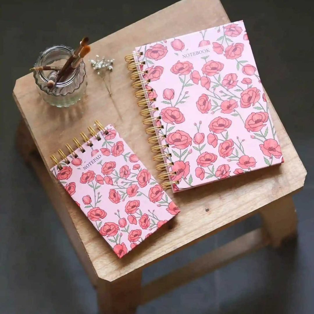 Handmade Khaskhas Red Spiral Notebook and Notepad Set | 80 Pages