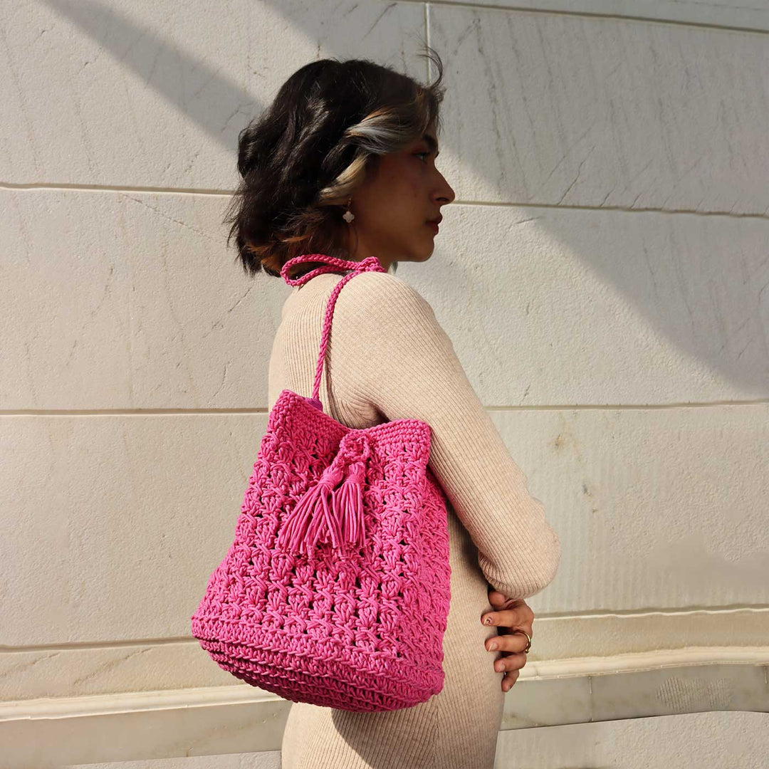 Handmade Crochet Drawstring Bucket Shoulder Bag