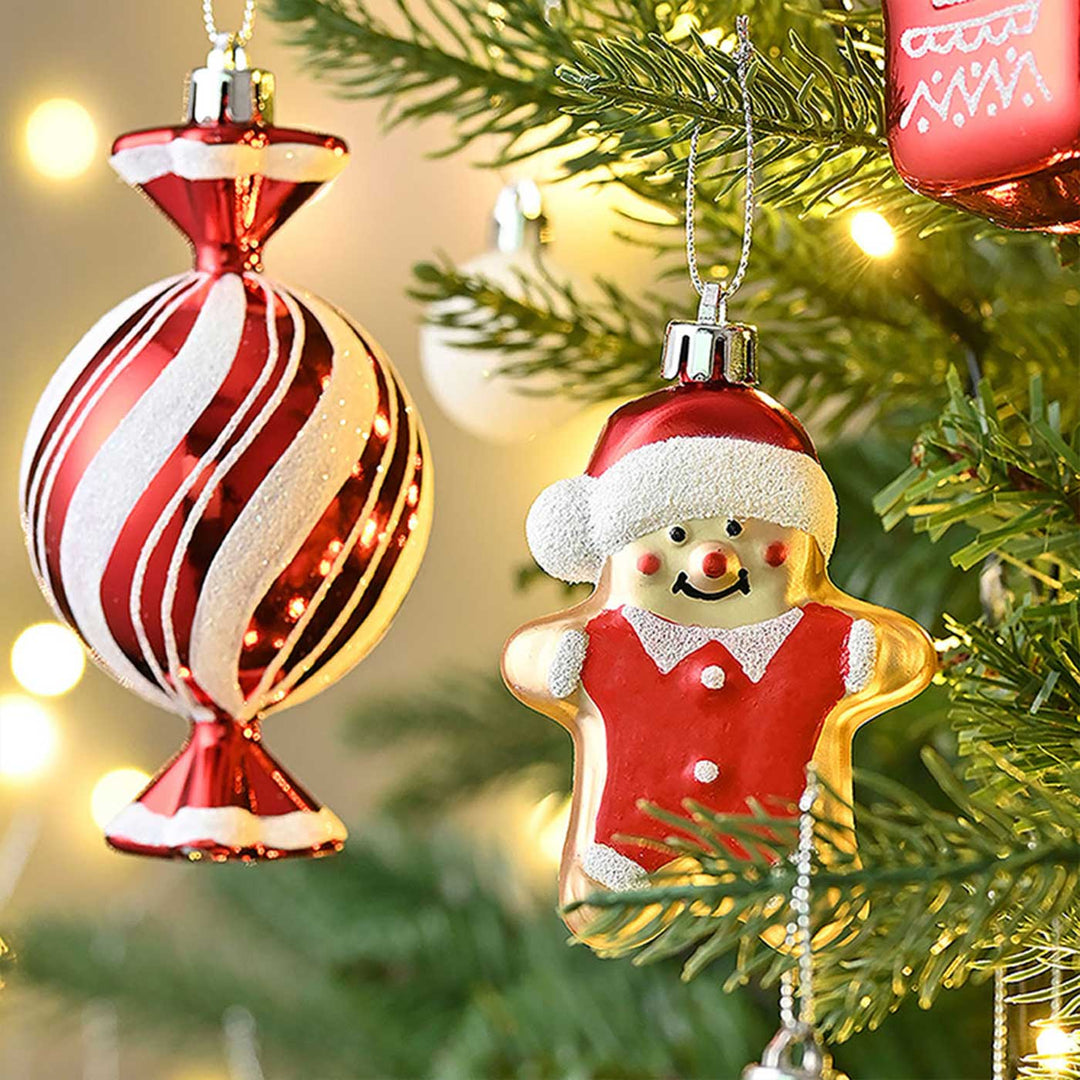 Red & White Gingerbread themed Christmas Ball Ornaments For Decoration | Set of 70