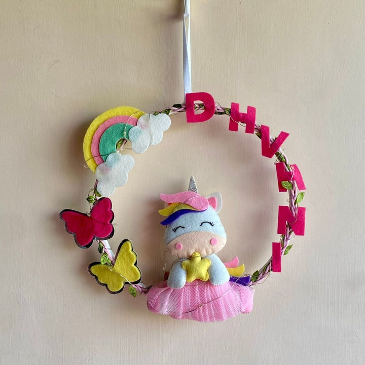 Personalized Unicorn Theme Fairy Lights Kid's Felt Hoop Name Plate