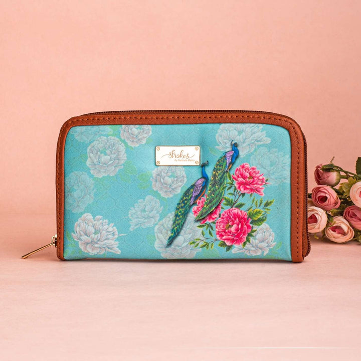 Peacocks & Peonies Vegan Leather Zipper Wallet