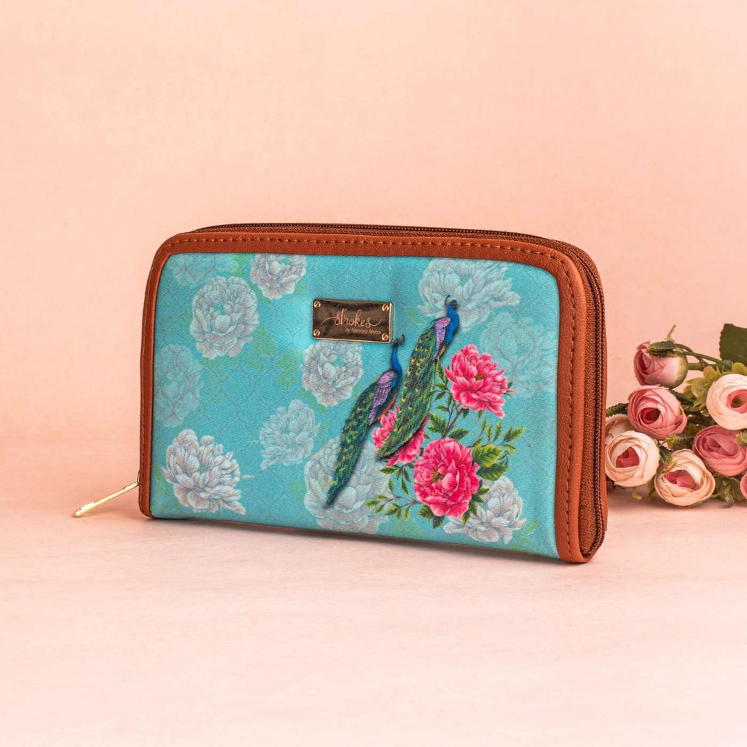 Peacocks & Peonies Vegan Leather Zipper Wallet