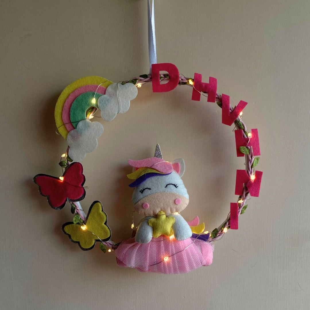 Personalized Unicorn Theme Fairy Lights Kid's Felt Hoop Name Plate