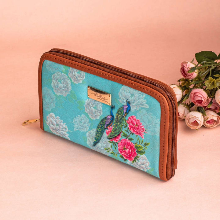 Peacocks & Peonies Vegan Leather Zipper Wallet