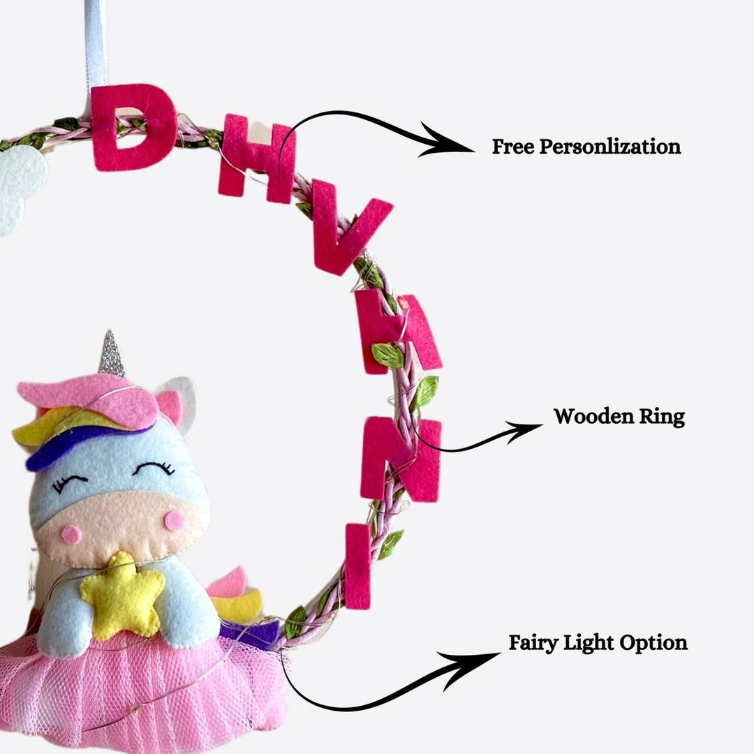 Personalized Unicorn Theme Fairy Lights Kid's Felt Hoop Name Plate