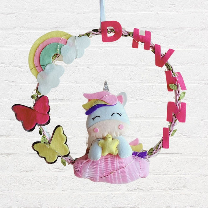 Personalized Unicorn Theme Fairy Lights Kid's Felt Hoop Name Plate