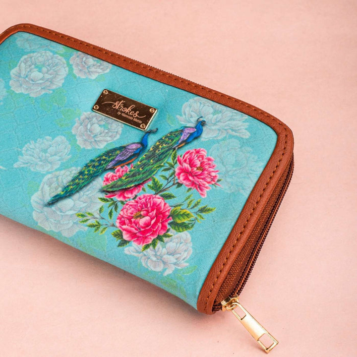 Peacocks & Peonies Vegan Leather Zipper Wallet