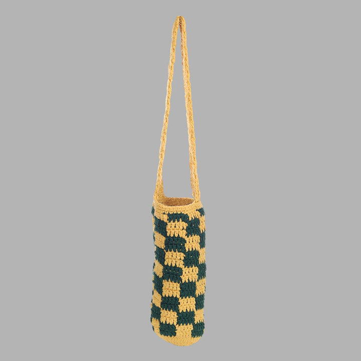 Handmade Crochet Green & Yellow Checkered Water Bottle Tote Bag