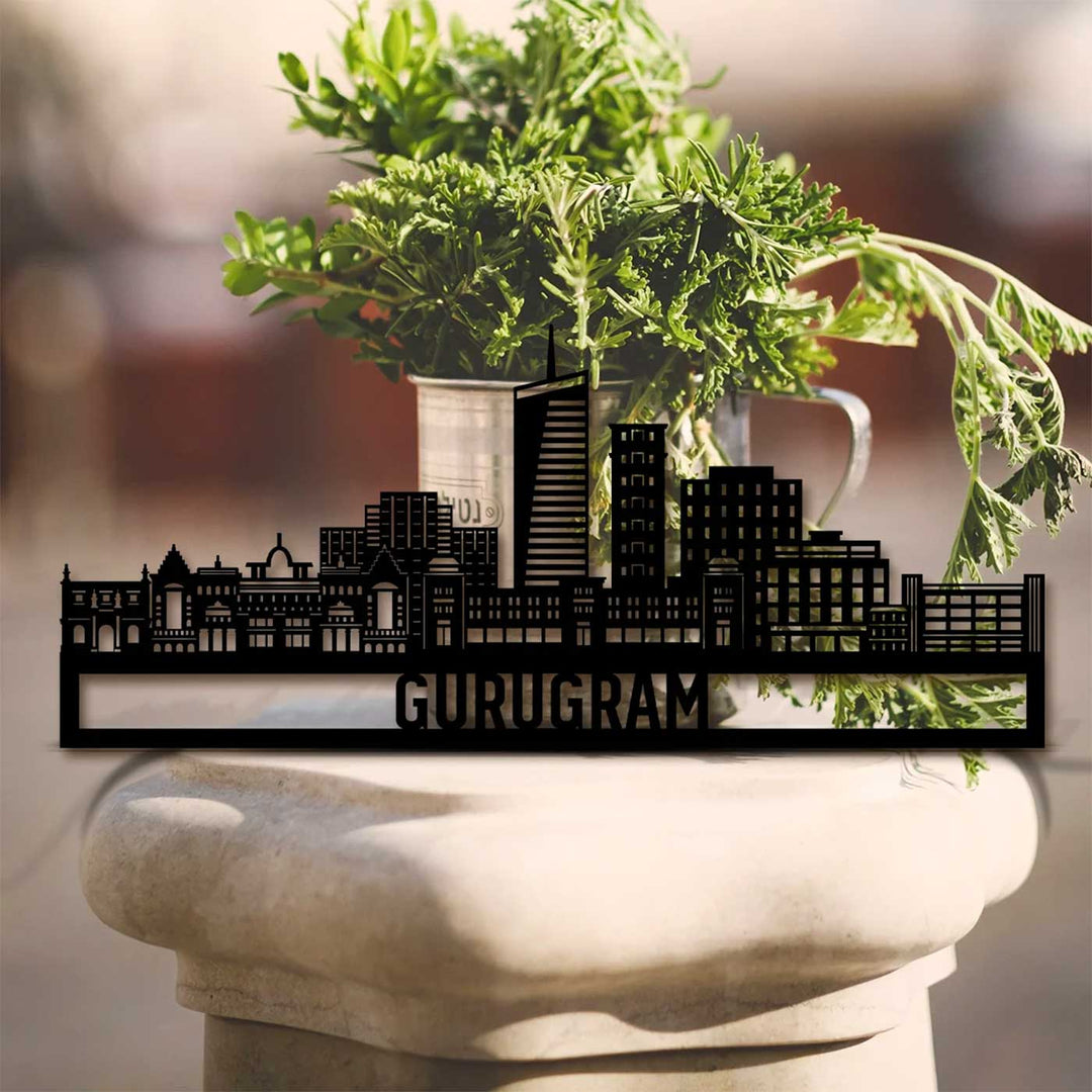 Printed Black Wooden Gurugram City Skyline Wall Decor