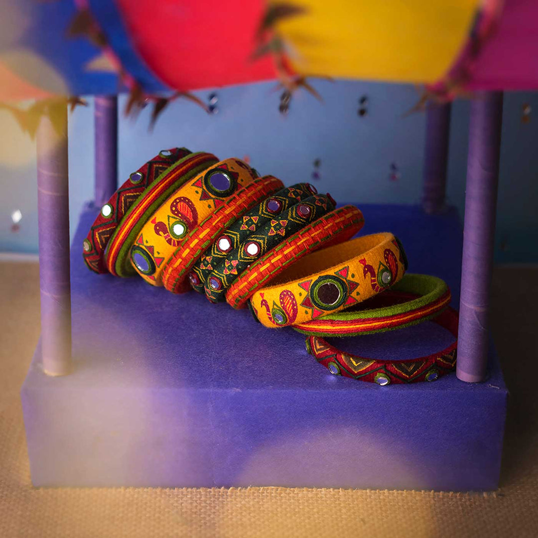 Yellow & Maroon Handcrafted Malika Peacock Bangles | Set of 10