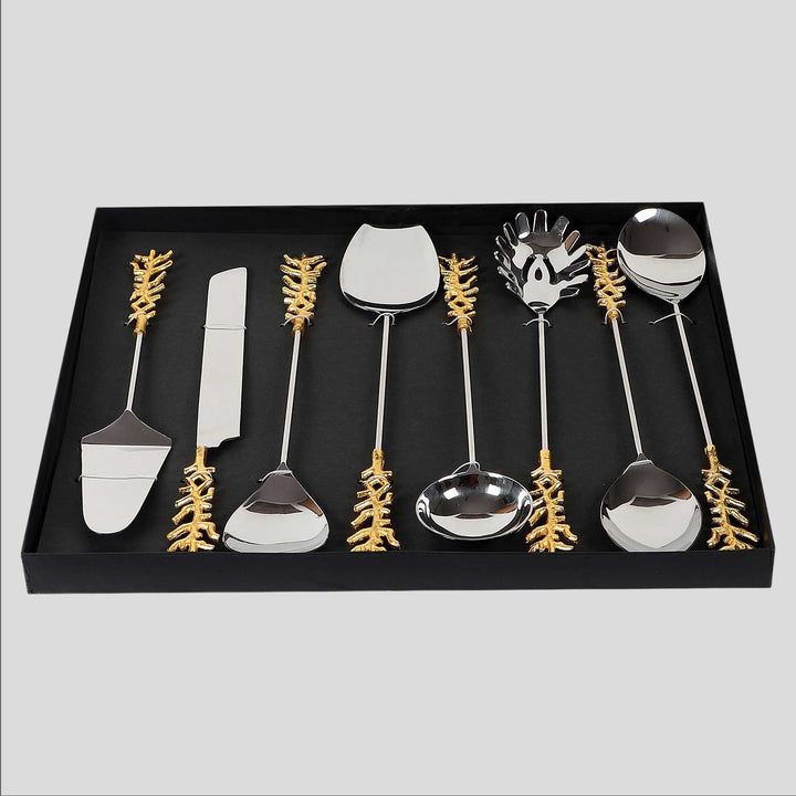 Handmade Gold Stem Design Steel Serving Set | Set Of 8