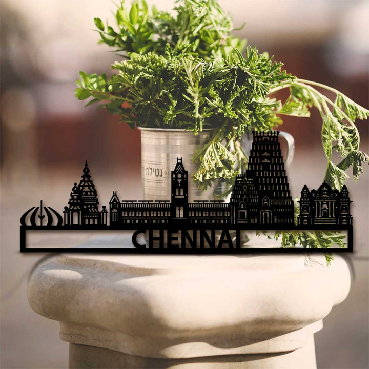 Printed Black Wooden Chennai City Skyline Wall Decor