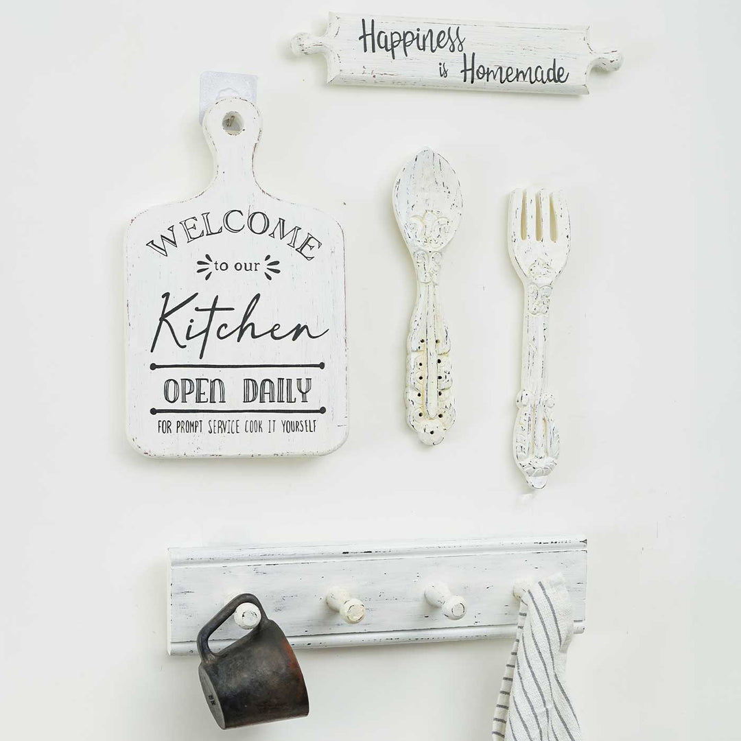 Handmade White Wooden Kitchen Wall Decor | Set Of 5