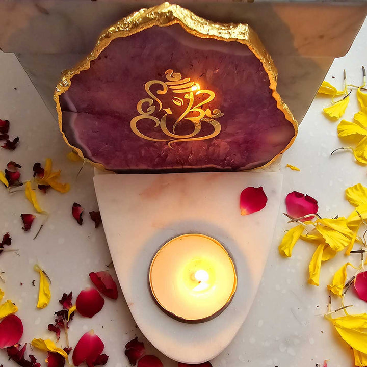 Handmade Pink Ganesha Agate Decor With Marble Base Tea Light Holder