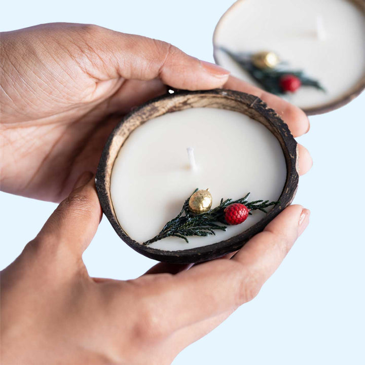 Eco-friendly Handmade Scented Coconut Shell Candles For Christmas Decoration | Set Of 2