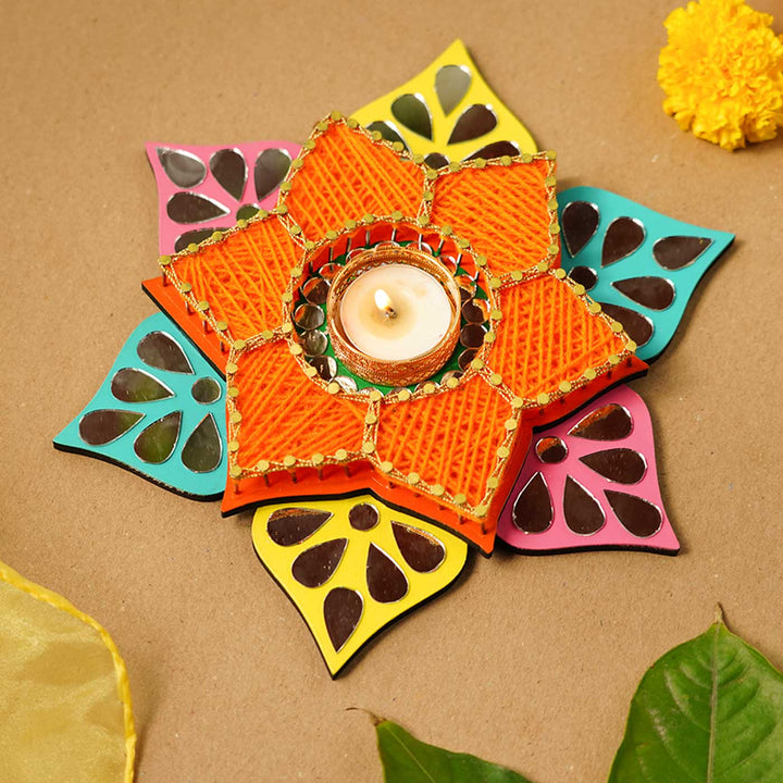 Floral Shaped Orange String Art & Mirrors Tealight Holder