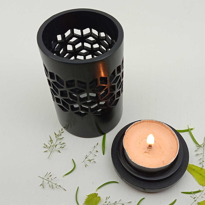 Handmade Black Ulfa Modern Hexagon Star Lattice Soapstone Tealight Holder