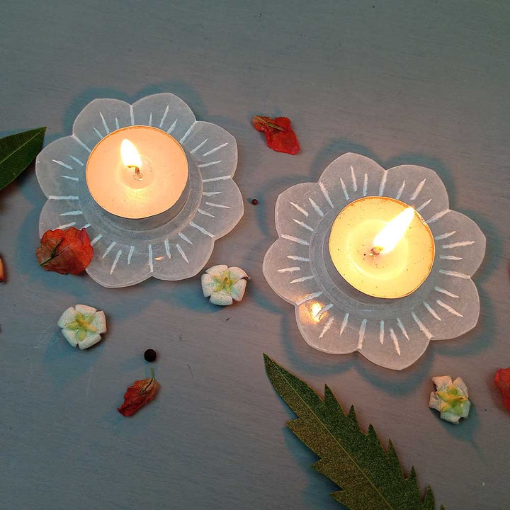 Handmade White Lara Lotus Flower Candle Holder | Set Of 2