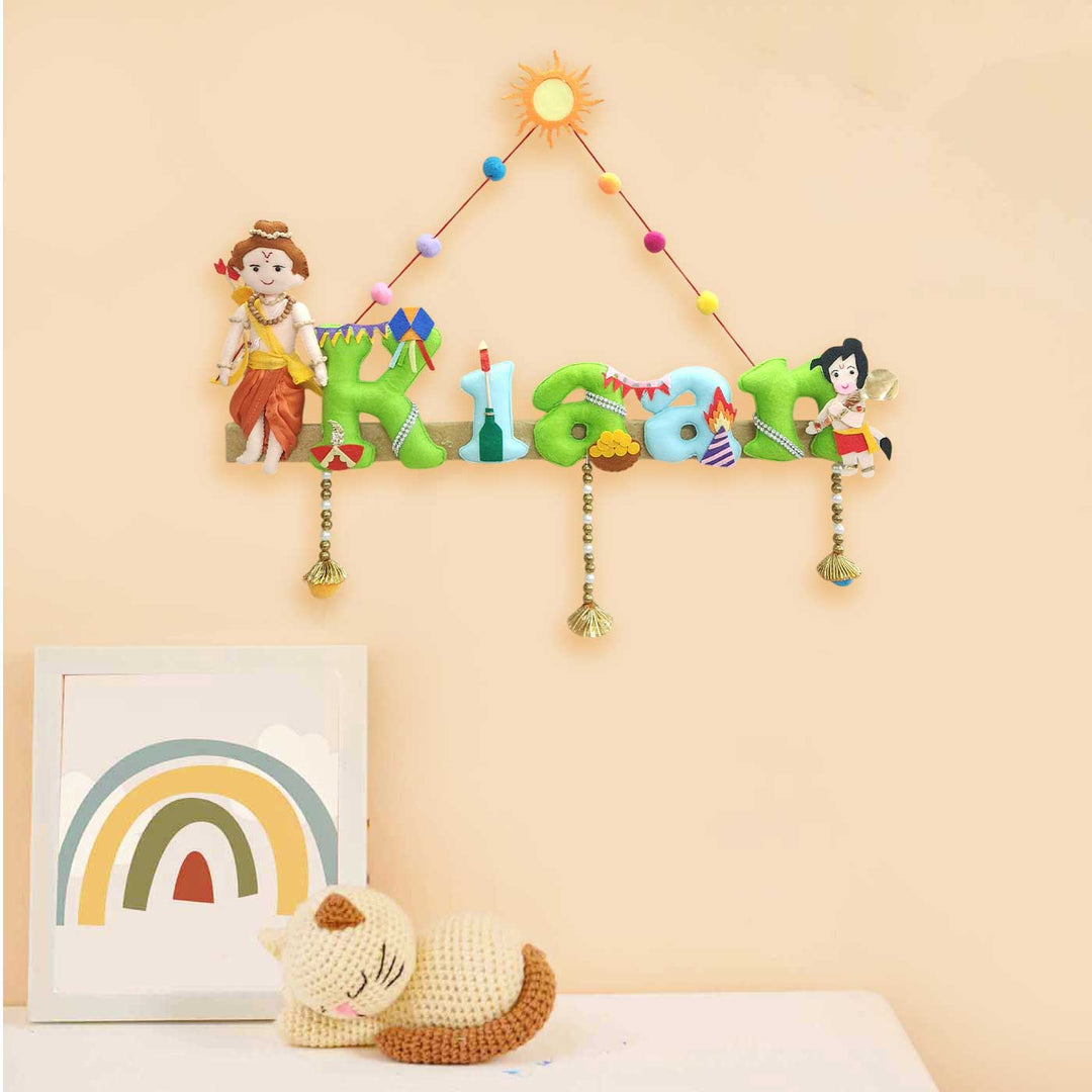 Personalized Shri Ram Ji & Hanuman Theme Felt Kids Name Plate