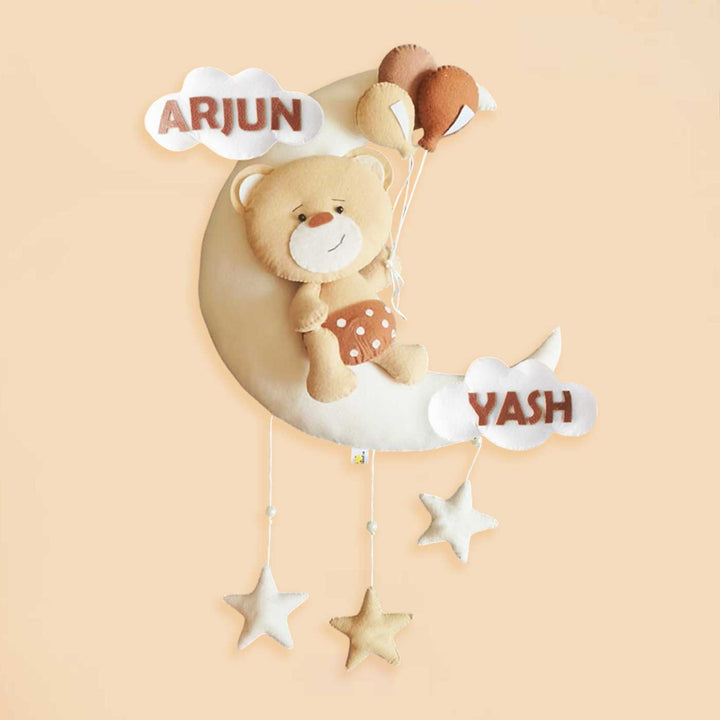 Hand-stitched Teddy Themed Felt Moon Nameplate with Birthdate For Kids