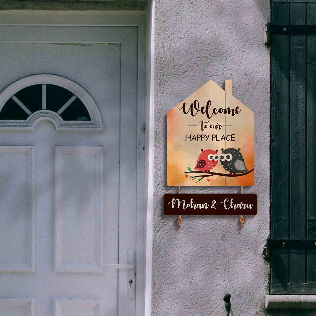 Printed Wooden House Shaped Owl Nameplate for Couples