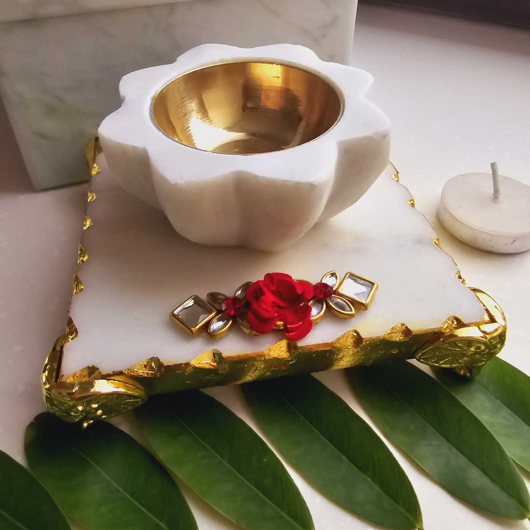 Handmade Sunflower Marble & Brass Diya With Pooja Chowki | Set of 2