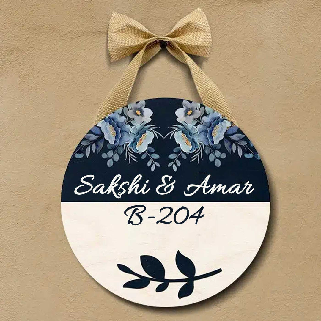 Printed Floral Wooden Round Nameplate For Couples With Bow