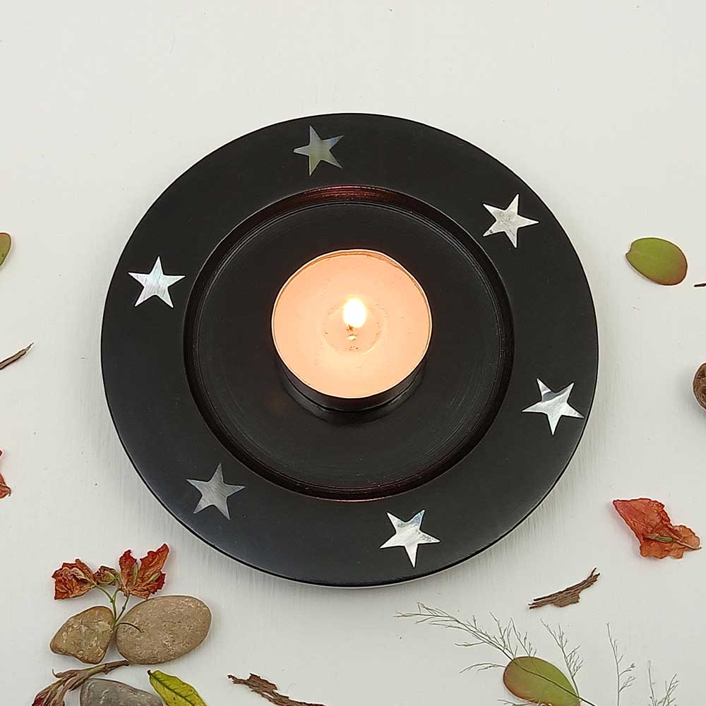 Handmade Black Ziya Inlay Stars Candle Holder