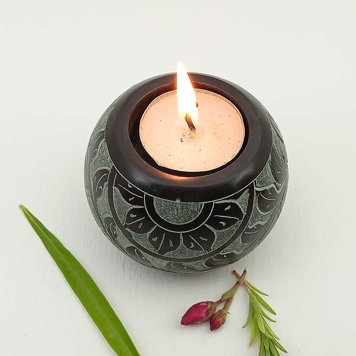 Handmade Black Aala Round Shape Candle Holder | Set of 2