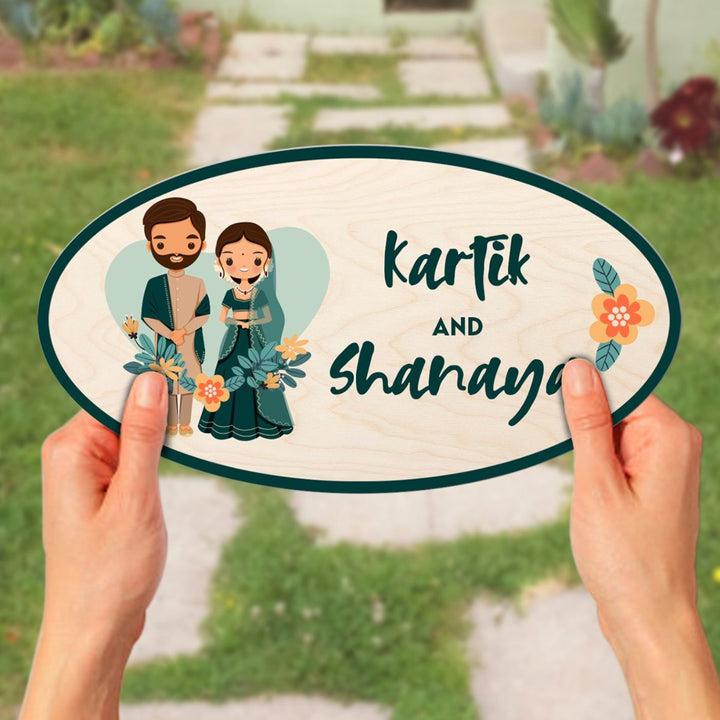 Printed Wooden Oval Character Nameplate For Couples