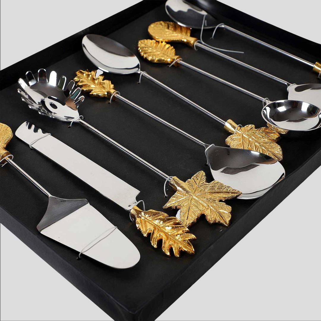 Handmade Gold Leaf Design Steel Serving Set | Set Of 8