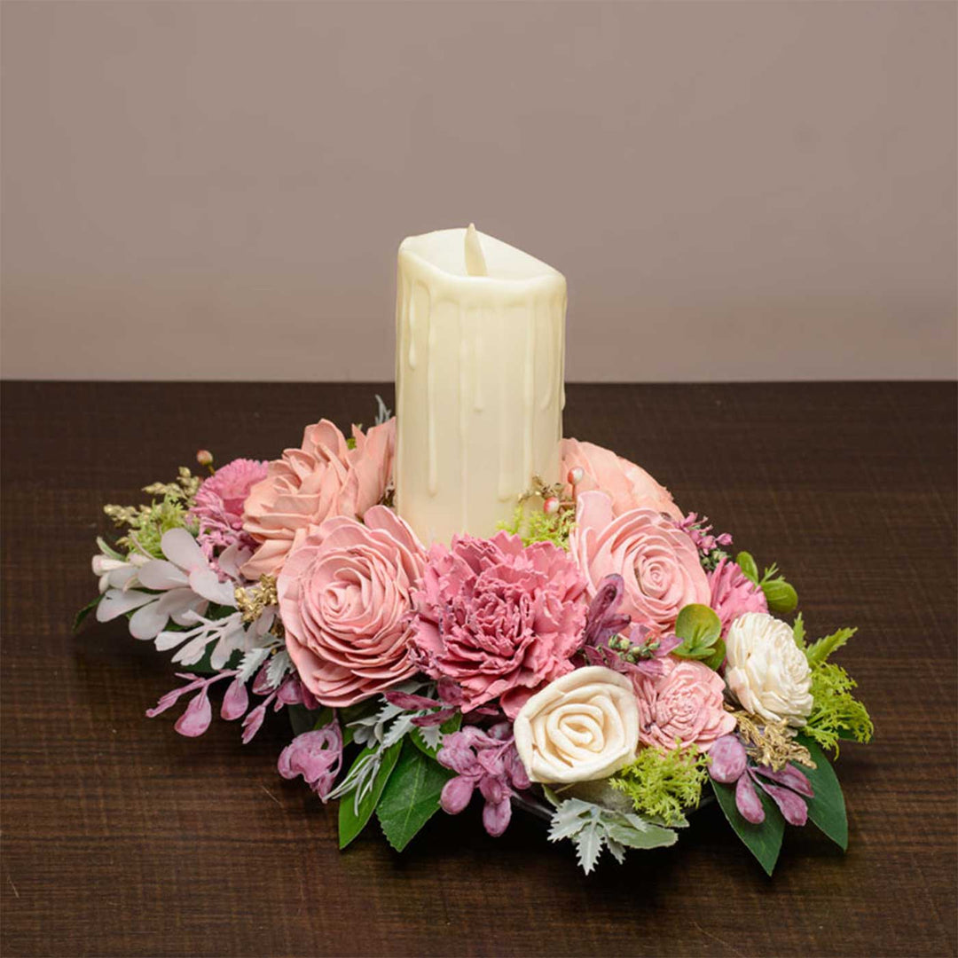 Handmade Rose Glow Shola Flower Centerpiece With Candle Holder