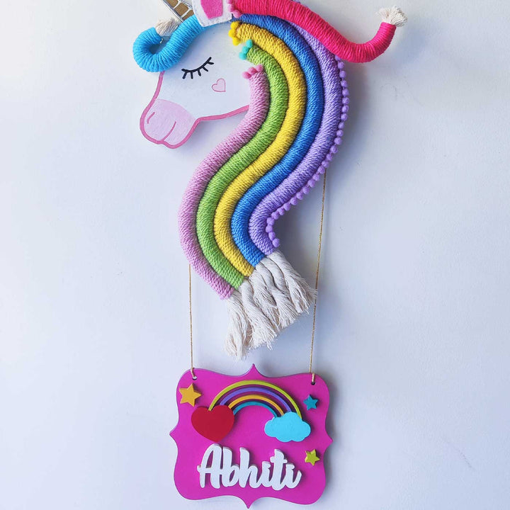 Personalized Handmade Macrame Unicorn Kids Name Plate With 3D Letters