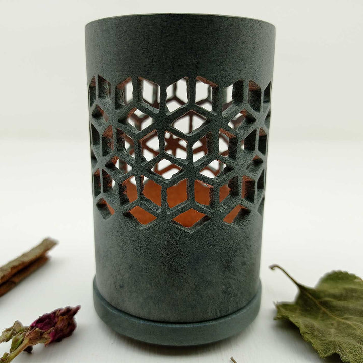 Handmade Grey Atuf Intricate Hexagonal Jaali Soapstone Tealight Holder