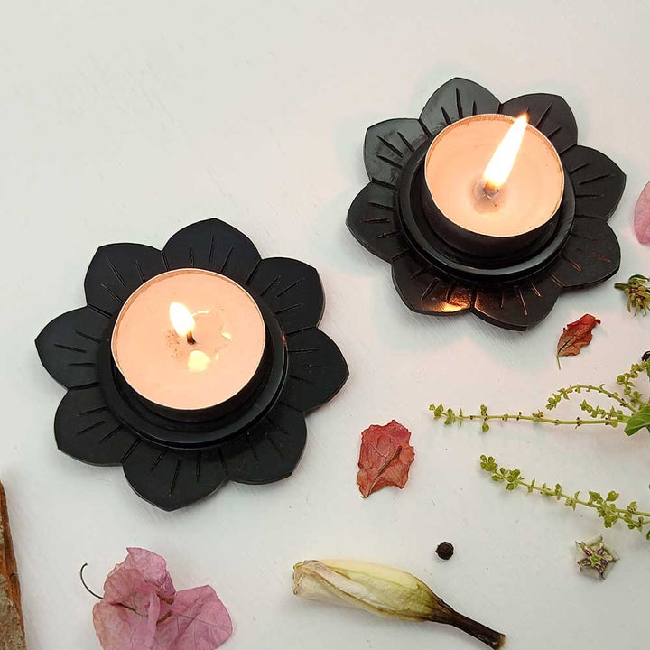 Handmade Black Altair Lotus Flower Candle Holder | Set Of 2