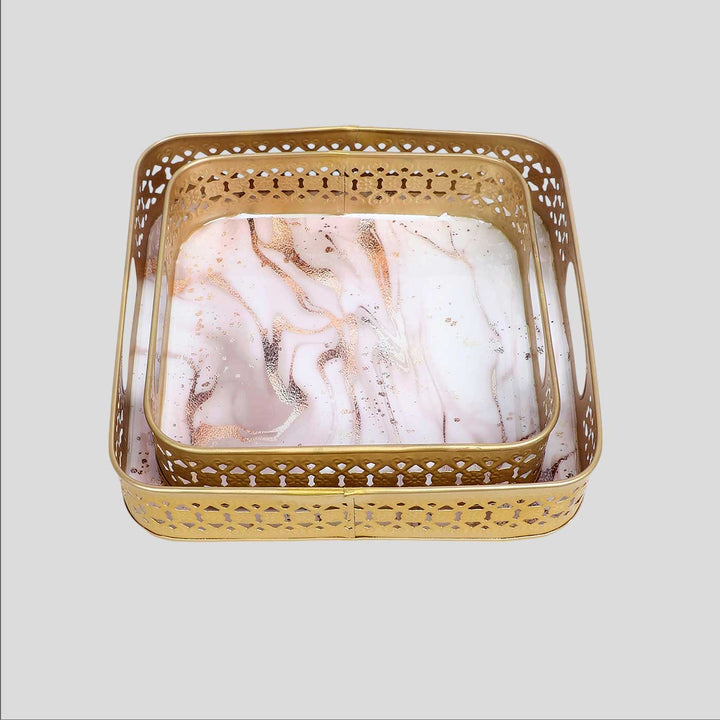 Handmade Pink & Gold Wavy Design Tray | Set Of 2